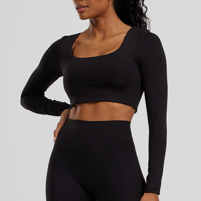Essential Long Sleeve Built-In Bra Top | Black