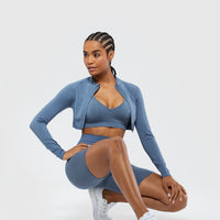 Define Seamless Crop Zip Jacket | Smoke Blue